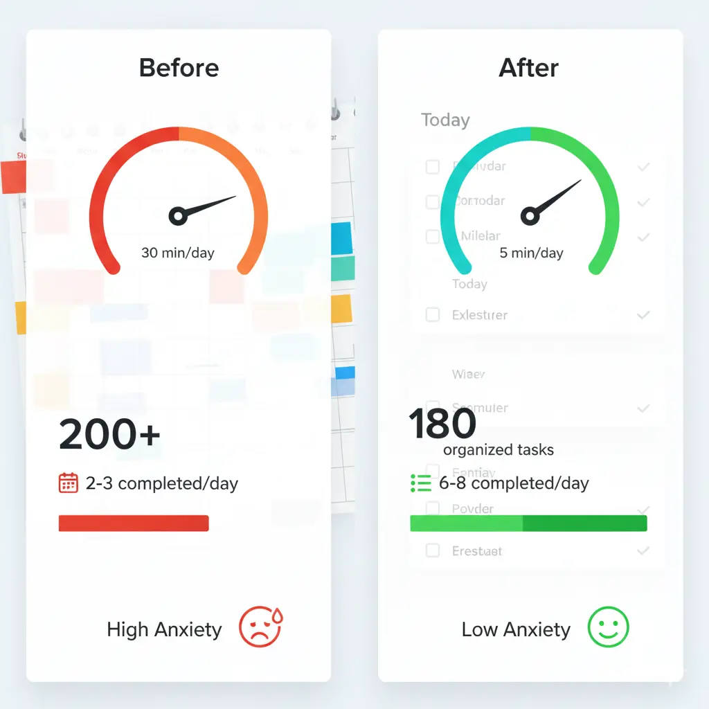 Before and after comparison: 30 min/day task management reduced to 5 min/day, 200+ tasks reduced to 180 organized tasks, 2-3 tasks completed per day increased to 6-8 tasks completed per day, high anxiety reduced to low anxiety