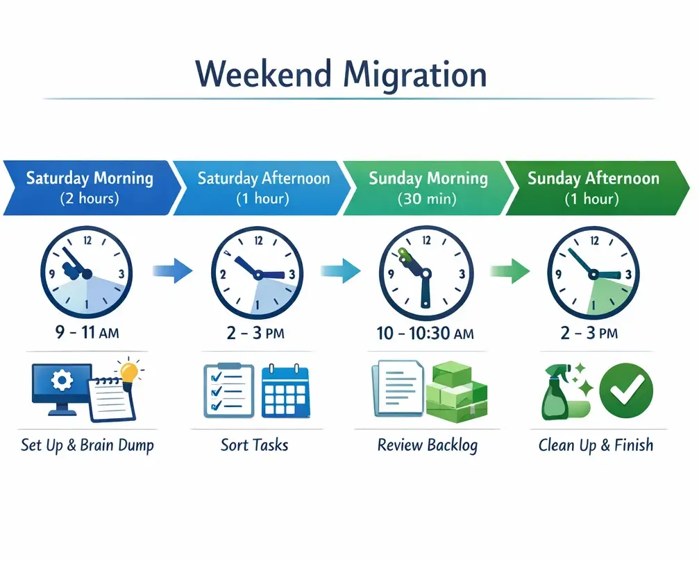 Weekend Migration Timeline showing Saturday Morning (2 hours), Saturday Afternoon (1 hour), Sunday Morning (30 min), and Sunday Afternoon (1 hour) phases