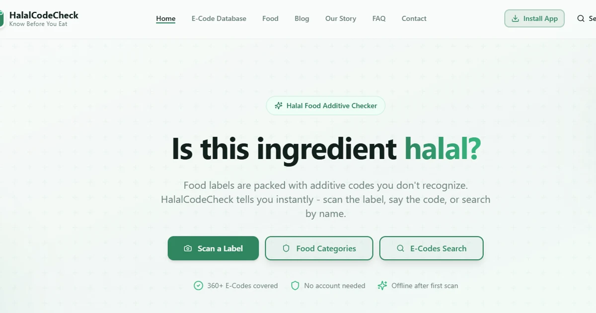 Halal Code Check app interface showing halal ingredient lookup